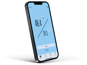 Smartphone displaying Proof Meister app measurement screen, interfaced with EasyDens by Anton Paar Digital Density Meter for accurate spirit alcohol content analysis.