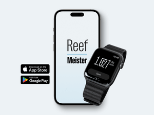 A smartphone and smartwatch on a light blue background displaying the 'Reef Meister' app, with the phone screen showing the app name and the watch indicating a specific gravity reading of 1.027 SG, common in saltwater aquarium keeping. Icons for the Apple App Store and Google Play are placed on the left, highlighting the app's availability for both platforms, catering to the needs of aquarists and marine enthusiasts.