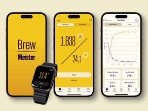 Smartphone and smartwatch displaying Brew Meister app screens, compatible with the EasyDens by Anton Paar Digital Density Meter for precise beer brewing measurements.