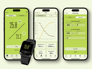 "Collection of Wine Meister app screens on smartphones and a smartwatch, displaying Brix and temperature readings for winemaking with EasyDens by Anton Paar Digital Density Meter.