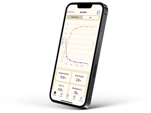 Brew Meister app: detailed beer batch tracking on a smartphone app screen, demonstrating the integration with EasyDens by Anton Paar for tracking brewing progress.