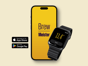 Smartphone and smartwatch against a beige background displaying the 'Brew Meister' app interface, with the phone screen highlighting the app name and the watch showing a density reading of 11.4°P. Next to the phone, app download badges for the Apple App Store and Google Play signify the app's availability for both iOS and Android devices, illustrating the tech-savvy approach to brewing.