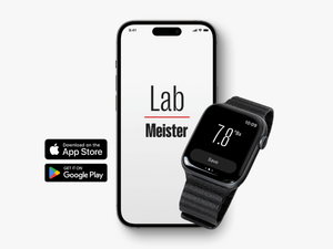 Modern smartphone and smartwatch displaying the 'Lab Meister' application with a clean white interface, where the phone shows the app title and the watch screen indicates a Brix value of 7.8°Bx. Download icons for the Apple App Store and Google Play suggest the app's cross-platform utility for laboratory professionals and researchers monitoring solution concentrations.