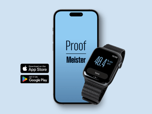 Smartphone and smartwatch on a blue background displaying the 'Proof Meister' app, with the phone screen showing the app title and the watch presenting an alcohol proof reading of 40.4%. App store icons for downloading from the Apple App Store and Google Play are visible below, demonstrating the app's cross-platform compatibility for distilling and alcohol proofing.